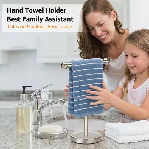 Miniatura 6 de Toallero de mano dorado con base de acero inoxidable pesado, toallero en forma de T, toallero independiente para encimera para baño (oro cepillado)