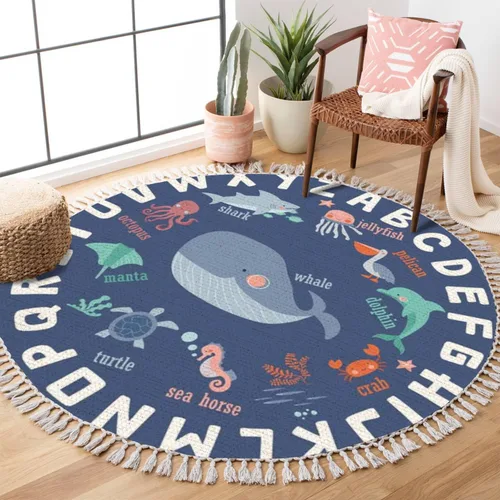 Miniatura 3 de ABC - Alfombra redonda con tema oceánico de ballena, para niños, niñas, dormitorio, cuarto de bebé, sala de juegos, 4 pies, lino y algodón, lavable
