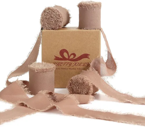 Miniatura 12 de Pretty Jolly Cinta de gasa beige para envolver regalos, 3 rollos de 2 pulgadas x 7 yardas, cinta de tela de seda hecha a mano con flecos para ramo