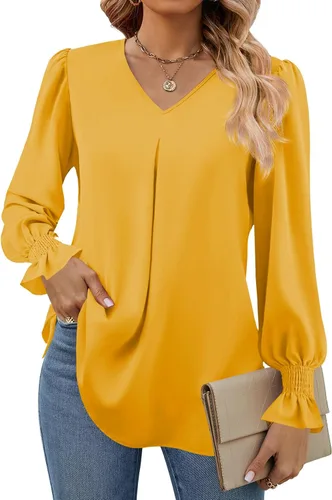 Miniatura 14 de Funlingo Blusas de mujer con mangas largas 2025, elegantes y casuales, con cuello en V, túnica suelta de gasa para el trabajo