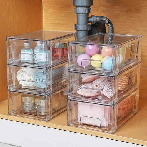 Miniatura 2 de Vtopmart - Paquete de 4 cajones de almacenamiento apilables, organizadores de cajones acrílicos transparentes con asas, fácil montaje