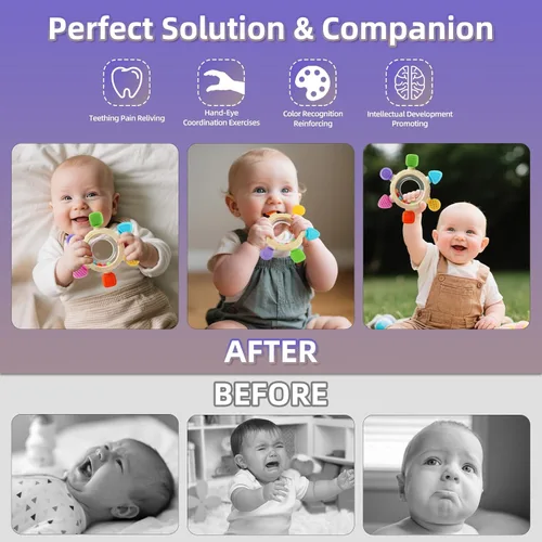 Miniatura 5 de Anillos de dentición para bebés de 0 a 6 a 12 meses, sonajero de animales, juguetes sensoriales para bebés de 0 a 24 meses, alivio de mordedores