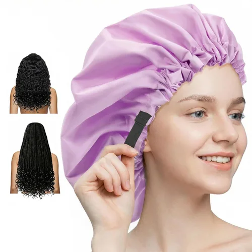 Miniatura 10 de Aquior Gorro de ducha para mujer, extra ajustable, doble capa, impermeable, reutilizable, gorra de pelo de tamaño grande para todo el cabello