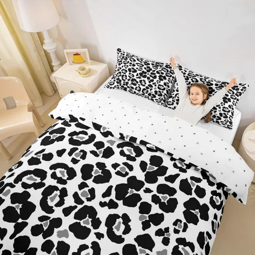 Miniatura 5 de Juego de funda de edredón con estampado de leopardo abstracto, tamaño individual, juegos de ropa de cama de piel de guepardo negro y gris