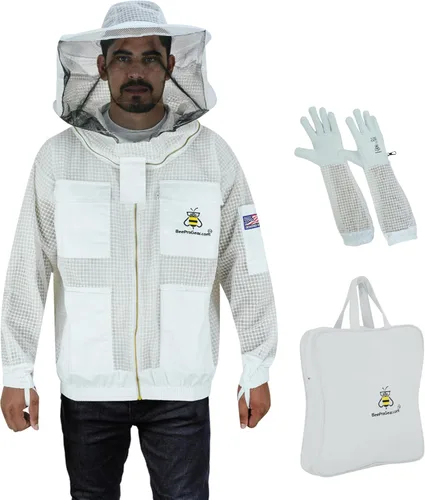 Miniatura 7 de 3-Layer Ventilated Mesh Bee Jacket for Men & Women with Veils Sting-Proof Beekeeping Jacket with Leather Gloves & Bag Marrón