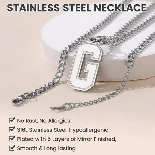 Miniatura 4 de GoldChic - Collar con letra inicial para hombre, de acero inoxidable, collar de iniciales grandes para deportistas y atletas, colgante del alfabeto