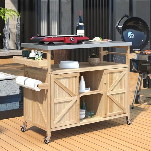 Carrito de bar al aire libre con armario de almacenamiento, isla de cocina portátil con ruedas, mesa de preparación de consola al aire libre con