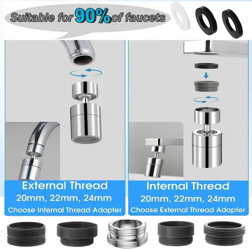Miniatura 5 de Cabezal rociador de grifo de cocina y lavabo, rociador giratorio de doble función de 360°, aireador de grifo giratorio de ángulo grande de 80