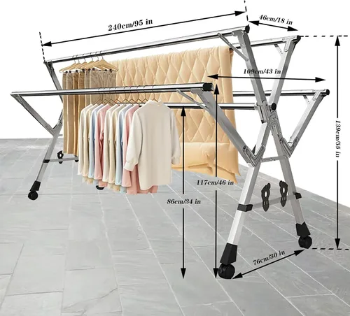 Miniatura 7 de Estante de secado retráctil de ropa para lavandería, con estantes, estante de secado de ropa plegable con ruedas, estante de secado de acero