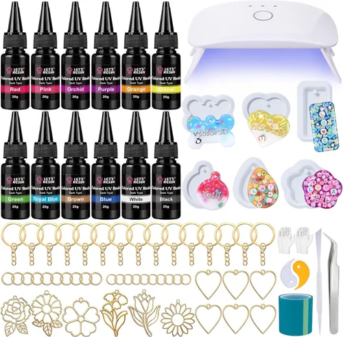 LET'S RESIN Kit de fabricación de llaveros todo incluido, resina UV de 12 colores con moldes de llavero de silicona, luz UV, 6 estilos de biseles