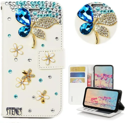 Miniatura 9 de Bling - Funda tipo cartera compatible con Samsung Galaxy S21 Ultra, elegante funda de piel con diseño de libélula y mariposa 3D hecha a mano con Azul