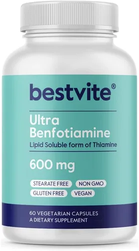 BESTVITE Ultra Benfotiamina 600 mg por cápsula (60 cápsulas vegetarianas) sin estearatos - Sin dióxido de silicio - Vegano - Sin OMG - Sin gluten -