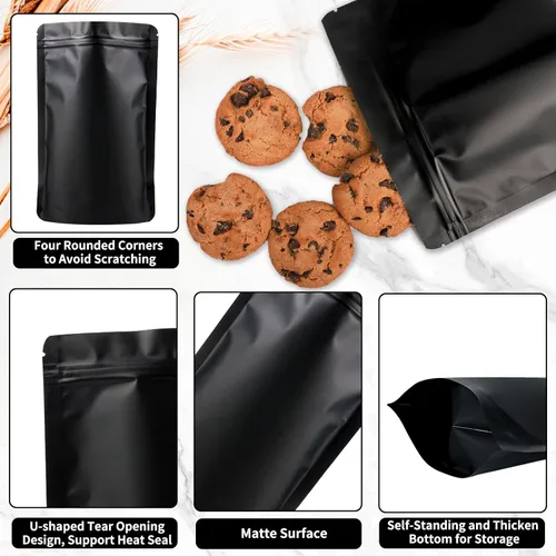 Miniatura 2 de 100 paquetes de bolsas de mylar a prueba de olores resellables, bolsas de pie negras con sello de aluminio para embalaje, 3.9×5.9 pulgadas