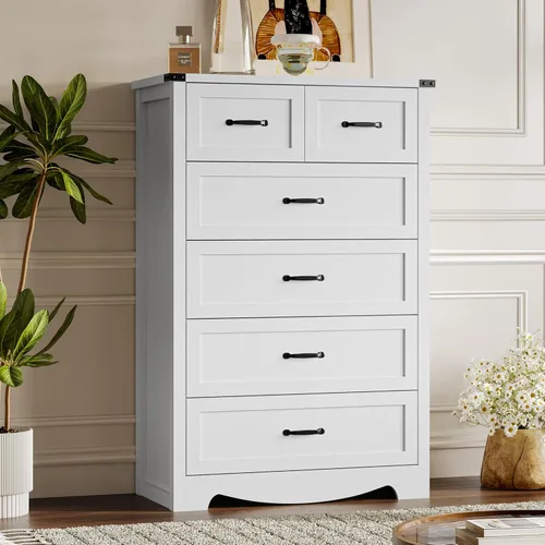 Miniatura 31 de BORNOON - Cómoda de 7 cajones para dormitorio, cómoda de madera moderna con manijas de metal, diseño antivuelco, organizador de almacenamiento Blanco