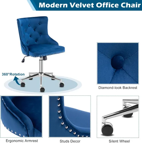Miniatura 4 de VINGLI Silla de Escritorio de Terciopelo Azul Marino sin Brazos para Oficina en Casa con Base/Ruedas Doradas, Linda Silla de Tocador/Maquillaje