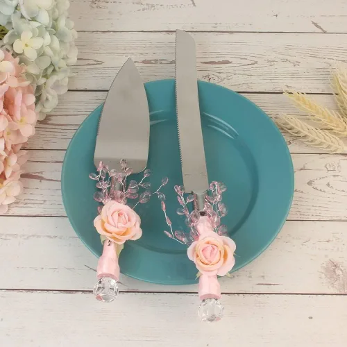 Miniatura 4 de Juego de 2 piezas de pala para tartas serie rosa, accesorio para sitios de boda, cuchillo de pan, suministros de boda occidental, acero inoxidable
