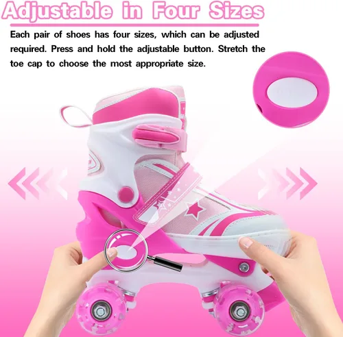 Miniatura 2 de Kids Roller Skates for Boys Girls, 4 Size Adjustable Kids Rollerskates with Light Up Wheels Roller Skates for Boys Girls Ages 5-8 8-12 Rosa