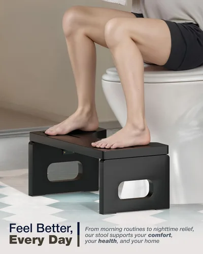 Miniatura 7 de BLUEWEST Taburete de Inodoro Plegable, Taburete de Caca de Madera de Acacia para Entrenamiento de Orinal, Escalón de Baño Antideslizante de 7 Negro