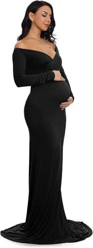 Miniatura 3 de ZIUMUDY - Vestido ajustado de maternidad con cuello en V fruncido, hombros descubiertos, manga larga, maxivestido para fotografía