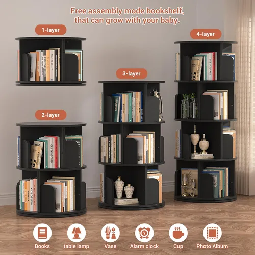 Miniatura 6 de Besiost Estantería Giratoria, Estantería de Madera de Rincón, Estantería Giratoria de 4 Niveles para Exhibición en 360, Organizador de Libros
