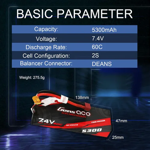 Miniatura 2 de Gens ace 2S Lipo Batería 7.4V 60C 5300mAh Lipo Batería HardCase Pack con Deans Plug para RC Car