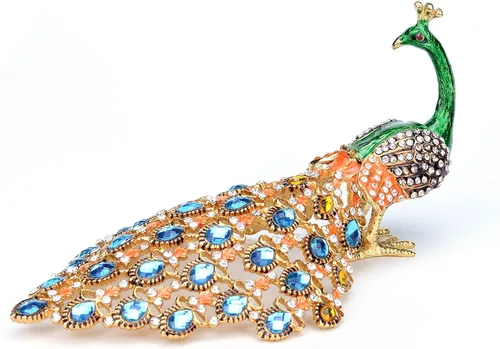 Furuida Caja de baratijas con bisagras, adorno de cristal de pavo real verde con bisagras, caja de joyería decorativa con bisagras, regalo de lujo