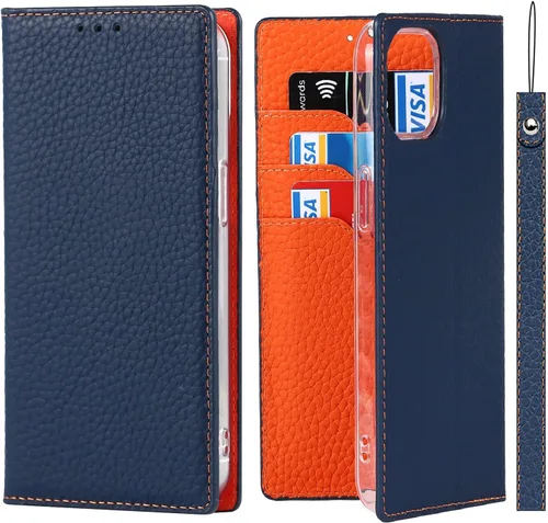 Miniatura 21 de iCoverCase Compatible con iPhone 13 Pro Max, funda magnética de piel auténtica con bloqueo RFID, correa para la muñeca y ranuras para tarjetas, Rojo