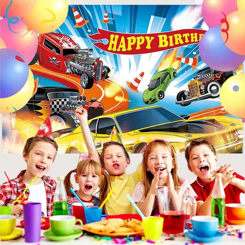 Miniatura 5 de Decoraciones de fiesta de coche de carreras calientes Juego de suministros de cumpleaños con cubierta de mesa de plástico (42.5 x 70.8 pulgadas)