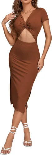 Miniatura 6 de LYANER Vestido midi de punto de manga corta con cuello en V y corte frontal para mujer