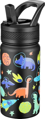 Miniatura 28 de Fanhaw Botella de agua aislada para niños de 14 onzas con tapa de pajita – Acero inoxidable de doble pared al vacío, a prueba de fugas, botellas