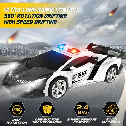 Miniatura 7 de Dolanus Coche de policía a control remoto – Robot transformador de automóvil a control remoto, luz intermitente, 2.4 GHz, rotación de 360 grados