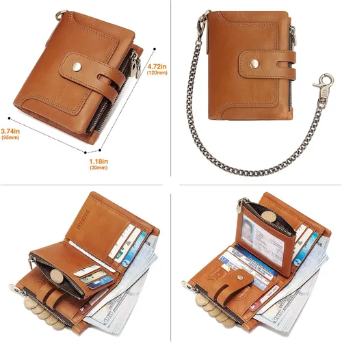 Miniatura 4 de Cartera con cadena, monedero de cuero genuino con bloqueo RFID, doble cremallera, bolsillo para monedas con cadena antirrobo, carteras de cadena a