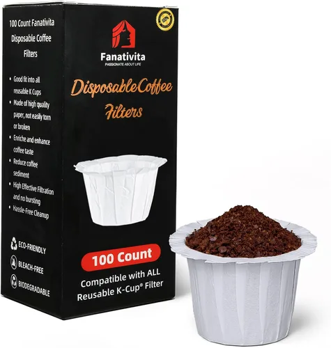 100 unidades de filtros de café K Cup desechables Fanativita para taza única Keurig, compatibles con todas las K Cup reutilizables (blanco)