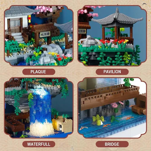 Miniatura 3 de Vziimo Juego de micro bloques de construcción de árbol bonsái de cerezo, arquitectura china, kits de estanque de flor de melocotón, árbol de sakura