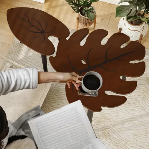 Miniatura 4 de BAMEOS Juego de 2 mesas de anidación con hojas de Monstera, juego de pequeñas mesas de café con patrón de venas de hojas, mesas laterales modernas