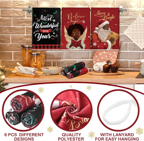 Miniatura 3 de Hosuly 6 Piezas Toallas de Cocina Navideñas Afroamericanas Paños de Platos de Santa Negro Toallas de Mano Navideñas Negras y Rojas Santa Ángel Acebo