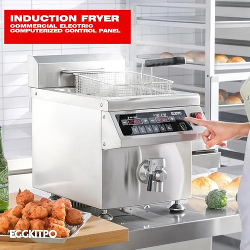 Miniatura 3 de EGGKITPO Freidora de inducción comercial de 12.6 cuartos de galón con temporizador, freidora eléctrica de drenaje con cesta, freidora de mesa grande