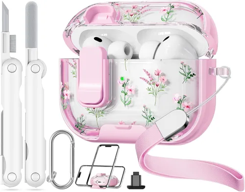 Miniatura 15 de con bloqueo de seguridad para funda de AirPods Pro 2ª 1ª generación, funda transparente floral linda para AirPods Pro 2 con soporte para teléfono
