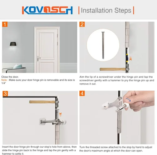 Miniatura 6 de Paquete de 10 Topes de Puerta con Pasador de Bisagra de Níquel Satinado Cepillado - Topes de Puerta con Pasador de Bisagra Ajustables de Servicio