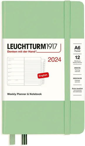 LEUCHTTURM1917 - Agenda semanal y cuaderno 2024 con folleto adicional, tapa dura, bolsillo (A6), salvia (1 de enero - 31 de diciembre de 2024)