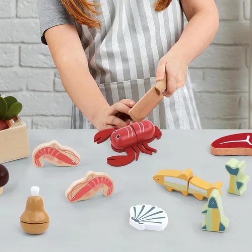 Miniatura 7 de PairPear Conjunto de Comida de Juguete de Madera para Cortar Mariscos - Comida de Juguete de Madera para Niños Pequeños Juego de Simulación