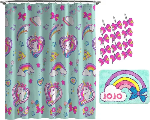 Jay Franco Nickelodeon JoJo Siwa Retro Rainbow - Juego de baño de 14 piezas, incluye cortina de ducha, 12 ganchos y alfombra de baño antideslizante,