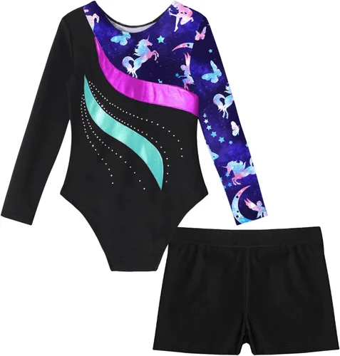 Miniatura 6 de TiaoBug Conjunto de leotardo de gimnasia de manga larga para niñas y niñas con pantalones cortos