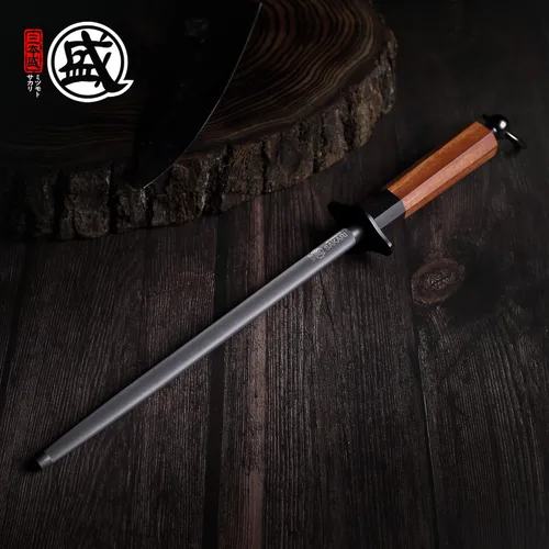 Miniatura 7 de MITSUMOTO SAKARI Varilla de Acero para Afilar de 10 Pulgadas - Varilla Redonda para Afilar Cuchillos, Acero de Alto Carbono Recubierto de Diamante