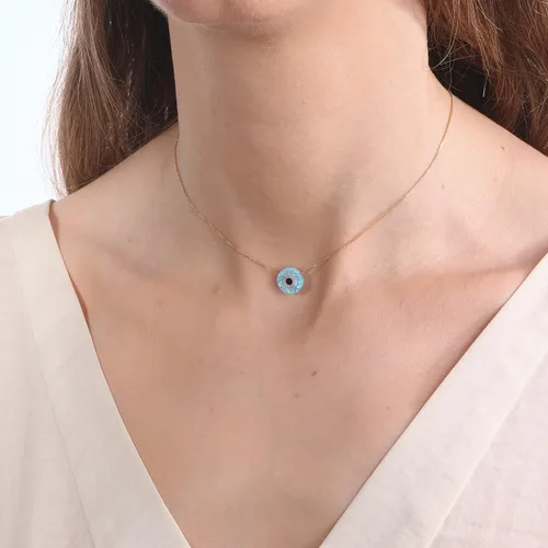 Miniatura 3 de Blue Opal Evil Eye Necklace,10mm created Opal,14k gold filled chain length 16 inch+ extension