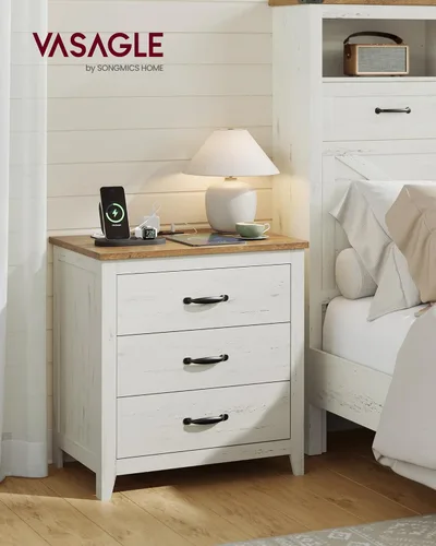 Miniatura 2 de VASAGLE Colección LIRY - Mesita de noche de estilo granja con estación de carga, mesita de noche, mesa auxiliar con 3 cajones, para dormitorio