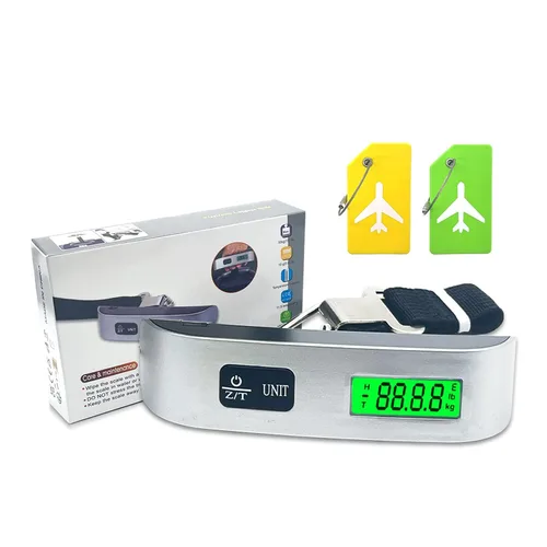 Báscula de equipaje portátil con 2 etiquetas de equipaje, pantalla LCD de peso y 4 funciones de conmutación de unidades, báscula de equipaje de 110