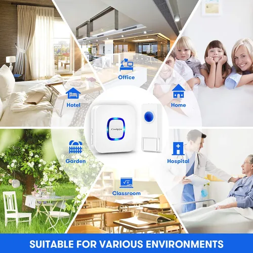 Miniatura 5 de Timbre inalámbrico Coolqiya con 2 botones remotos y 3 receptores de enchufe, no necesita pilas para receptor de más de 50 campanadas, blanco
