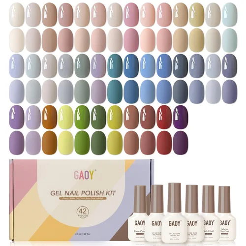 Miniatura 7 de GAOY - Juego de 42 esmaltes de uñas de gel, colores pastel, primavera, verano, rosa, verde, con capa superior brillante y mate y capa base