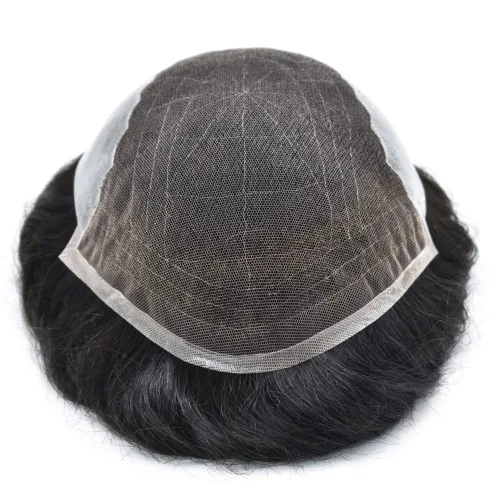 Miniatura 4 de Toupee para hombres Cabello humano real Sistema de reemplazo de cabello de encaje francés Encaje frontal nudo blanqueado Mens Toupee Hair Pieces
